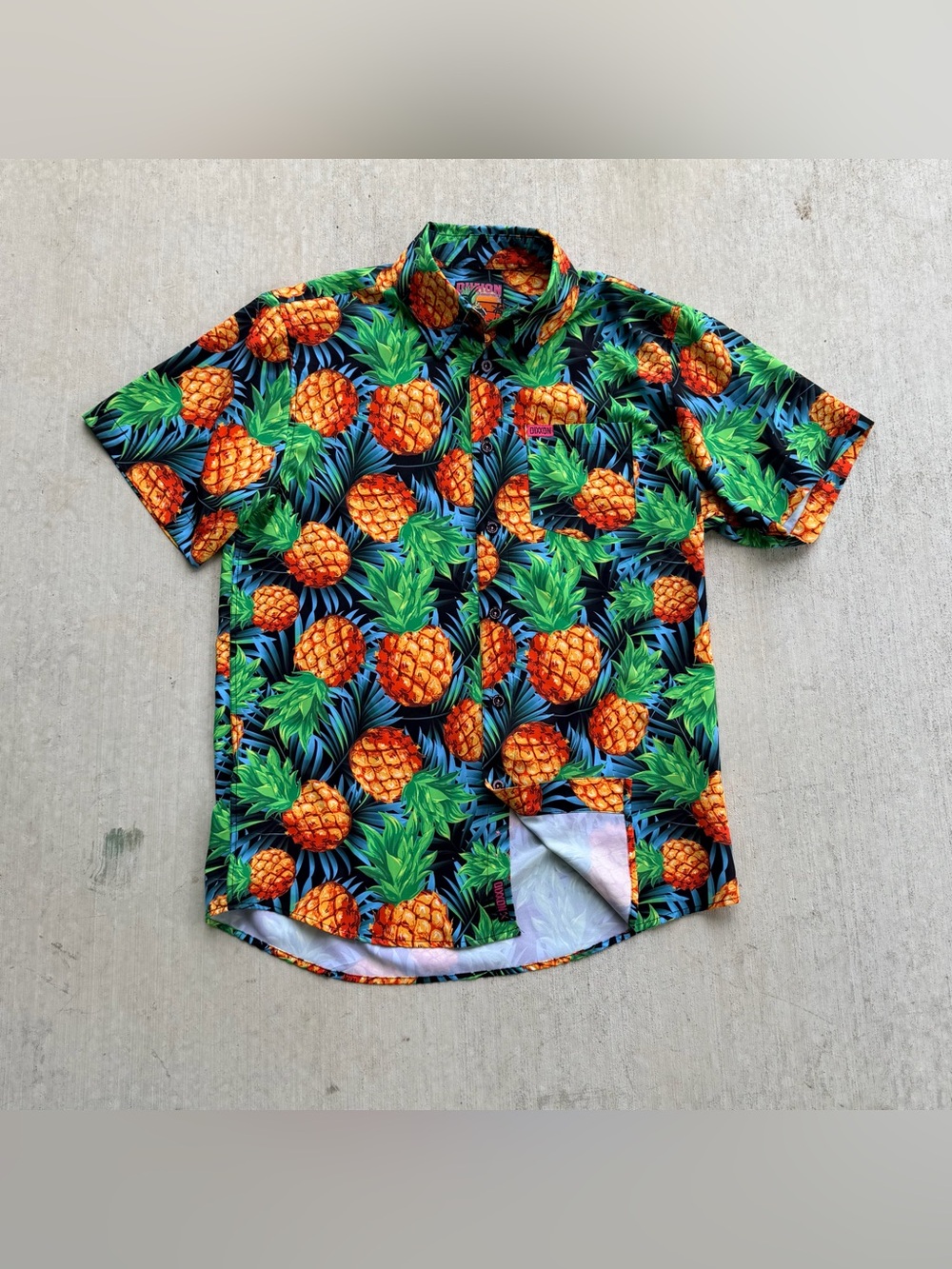 Dixxon Shirt Mens Medium Pineapple Hawaiian The Express Short Sleeve Stretch